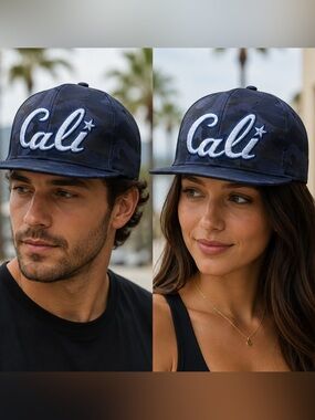 Cali Script Navy Camo Snapback Hat Unisex